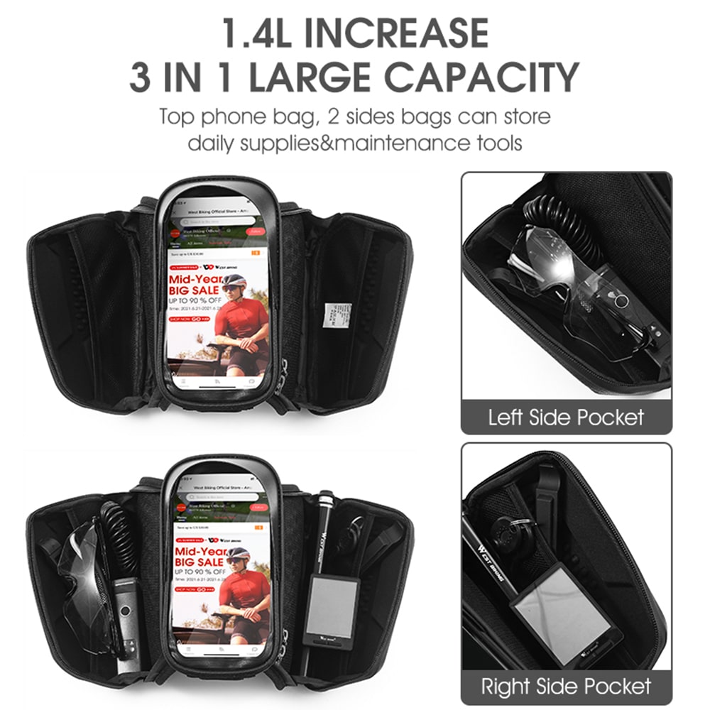 کیف دوچرخه - کیف دوچرخه خورجینی - کیف وست بایکینگ - کیف خورجینی 1.4 لیتری - کیف دوچرخه خورجینی روی تنه وست بایکینگ - کیف دوچرخه روی تنه 1.4 لیتری وست بایکینگ - کیف خورجینی روی تنه دوچرخه وست بایکینگ WESTBIKING 1.4L